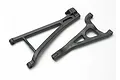 Two black plastic RC suspension arms, one long and one short, isolated on a white background.