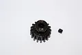 A black GPM Racing 17T 1Mod steel pinion gear with a small grub screw on a white background.