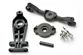 Traxxas steering arm and servo saver components including plastic arms, a spring, and a metal pin on a white background.