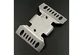 A stainless steel centre skid plate for an RC crawler, featuring a brushed metal finish and laser-etched Yeah Racing logo.