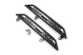 Two black metal side step rock rails for an RC crawler with four included mounting screws on a white background.