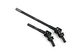 Two black steel universal drive shafts for an RC car, featuring the Yeah Racing logo laser-etched on the shafts.