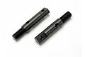 Two black metal RC axle shafts with threaded ends and cross-drilled holes, isolated on a white background.