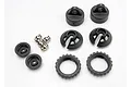 Traxxas GTR shock parts including caps, spring retainers, threaded collars, and pivot balls on a white background.
