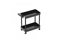 A 1/10 scale black metal two-tiered rolling workshop cart with a handle and four small caster wheels, shown against a plain white background.
