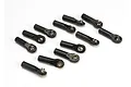 A set of twelve black plastic RC rod ends with metal pivot balls inserted, arranged on a white background.
