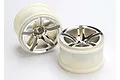 Two Traxxas 2.8-inch twin-spoke RC truck rims with a chrome finish and off-white plastic barrels.