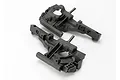 Two black plastic Traxxas front bulkhead components for RC vehicles, shown from an angled top-down perspective against a white background.