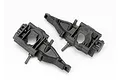 Two black plastic rear bulkhead components for a Traxxas RC vehicle, shown from an angled perspective against a white background.