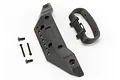 Traxxas front bumper assembly with mounting hardware including a black plastic bumper, a separate loop-style mount, and three small metal screws.