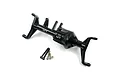 A black aluminium front axle housing for Traxxas TRX-4 and TRX-6 RC crawlers by Yeah Racing, shown with included mounting hardware on a white background.