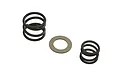 Two black coil springs and one flat metal washer arranged on a white background.