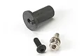 Traxxas motor mount hinge post with two included mounting screws on a white background.