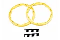 Two yellow circular beadlock style sidewall protectors and two rows of small black screws on a white background.
