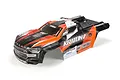 ARRMA 1/5 KRATON 8S BLX pre-painted orange, black, and white RC truck body shell on a white background.