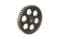 A studio shot of a dark grey metal 47T 1Mod spur gear for ARRMA RC vehicles, featuring a central hub and six circular cutouts.