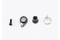 Traxxas servo saver components including a screw, plastic horn arm, plastic bushing, and a metal spring on a white background.