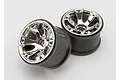 Two Traxxas 3.8 inch Geode chrome RC monster truck rims against a plain white background.