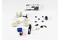 Traxxas 2-speed conversion kit for E-Revo, including various plastic gears, a blue servo, bearings, screws, and an instruction manual on a white background.
