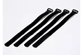 Four black hook-and-loop battery straps with plastic buckles arranged side-by-side on a white background.
