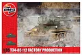 Airfix 1/35 scale T34/85 112 Factory Production tank model kit box art showing a weathered green tank in a ruined industrial setting.