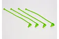 Four bright green silicone body pin retainers for RC cars arranged on a plain white background.