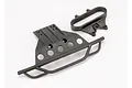 A black Traxxas front bumper and bumper mount for an RC vehicle, shown on a white background.