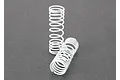 Two white progressive rate coil springs for RC car shock absorbers on a dark grey background.