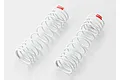 Two white progressive RC shock springs with red identification markings on a plain white background.
