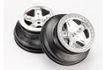 Two Traxxas 2.2/3.0 inch satin chrome rims for RC short course trucks, shown from a front-facing angle.