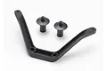Traxxas front body mount bracket and two separate body posts made of black molded plastic.
