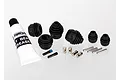 Traxxas Steel Splined CV Drive Shaft Rebuild Kit including rubber boots, metal pins, screws, and a tube of grease on a white background.