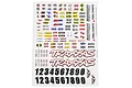 A sheet of Traxxas RC decal stickers featuring various automotive brand logos, Traxxas branding, and sets of numbers.