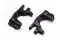 Two black plastic Traxxas front hub carriers for RC vehicles, shown from different angles on a white background.