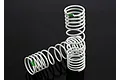 Two white Traxxas RC shock springs with green identification markings on a black background.