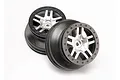 Two Traxxas 2.2/3.0 inch split-spoke RC short course wheels with satin chrome spokes and black outer rims.