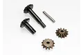 Traxxas differential gear set including two output shafts, two bevel gears, and a metal pin on a white background.