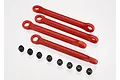Four red plastic suspension linkages and eight small black pivot balls arranged on a white background.
