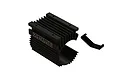 ARRMA black aluminium motor heat sink for 4685 motors, featuring a finned design and a separate mounting clip on a white background.