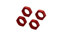 Four red anodized aluminium serrated wheel nuts for ARRMA 1/5 scale RC vehicles, arranged in a group against a white background.