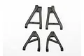 Four black plastic RC suspension arms arranged in two pairs on a white background.