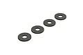 Four small, circular, dark grey steel washers arranged in a diagonal line against a white background.