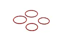 Four red rubber O-rings arranged in a diamond pattern on a plain white background.