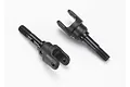 Two black metal Traxxas yoke axles for RC vehicles, shown from an overhead angle on a white background.