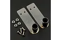 Two stainless steel RC exhaust muffler tips with mounting brackets, four screws, and four nuts on a dark background.
