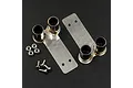 Two stainless steel dual exhaust muffler pipe sets with mounting brackets, four nuts, and four screws on a dark surface.