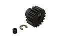 ARRMA 18T 1Mod pinion gear with a small grub screw and an E-clip on a white background.