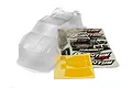 Clear unpainted polycarbonate body shell for a Maverick Quantum XT RC truck, including a sheet of decals and window masks.