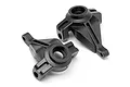 Two black plastic RC steering hubs for Maverick RC vehicles, shown from an angled perspective against a white background.
