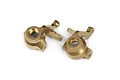 Two gold-coloured aluminium RC steering hubs for Maverick vehicles, shown from a top-down perspective against a white background.